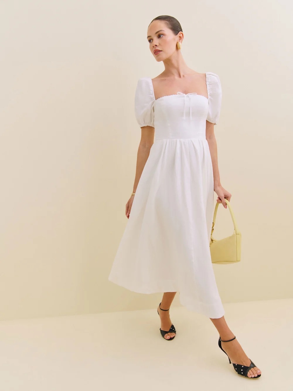 Reformation White Square-Neck Midi Dress with Puff Sleeves